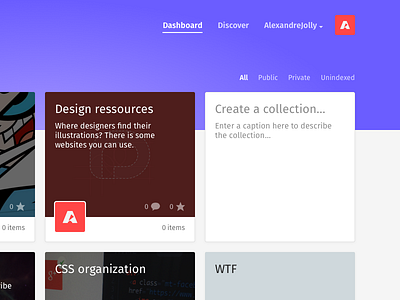 Collection filer & header menu add avatar collection create filter header menu new purple