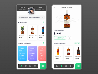 Grocery Store Application app card colors icons interface product card profile shop app ui