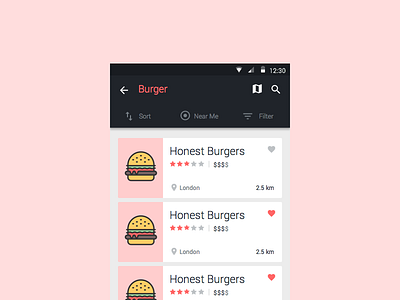 Restaurant List working stage android app bar burger business icon material design restaurant ui ux.