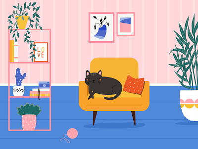 Cute vector flat illustration. Cozy apartment and a sleeping cat armchair cat cute design flat flatdesign illustraion plants situation vector