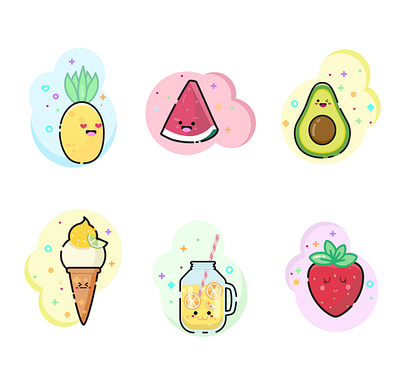 Kawaii summer food. Tasty sammer. Icons with summer food. cartoon cute design flat food fruits icon illustration kawaii sweet vector web