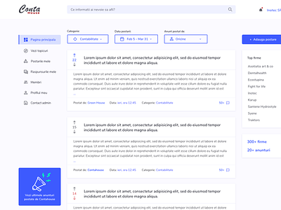Work in progress - Internal forum for Contahouse accounting firm blue dashboard forum hub materialdesign posts