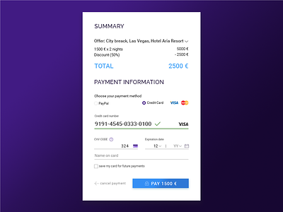 Payment details, checkout blue card checkout details material design payment purple simple