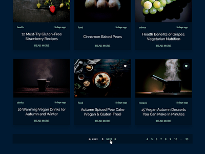 Food and Nutrition Blog Posts articles blog cards dark ui food nutrition pagination ui