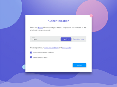 Form example: Code verification screen authentication blue code verification form indigo login material design ui ux