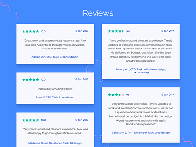 Reviews section blue clients dashboard material design reviews testimonials