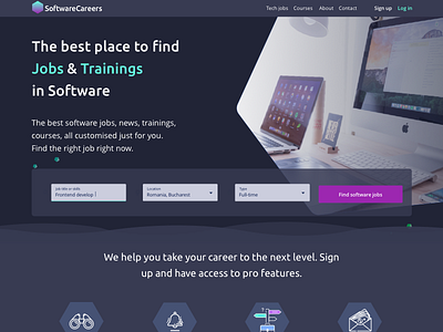 Landing page, dark version blue careers colorful dark homepage jobs jobs platform landing page material design material design 2 purple teal