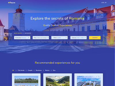 Homepage Mtours Dark blue dark homepage landing page material design travel yellow