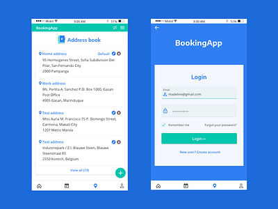 Booking app, login & address book screens