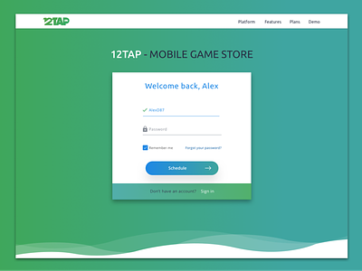 12tap, Login page form games platform green login material design teal