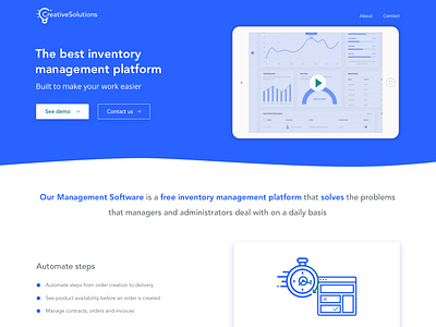 Landing page for inventory management platform blue landingpage layout material design saas landing page software ui