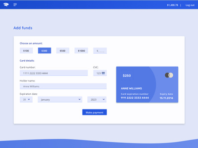"Add Funds" Form card funds indigo material design payments