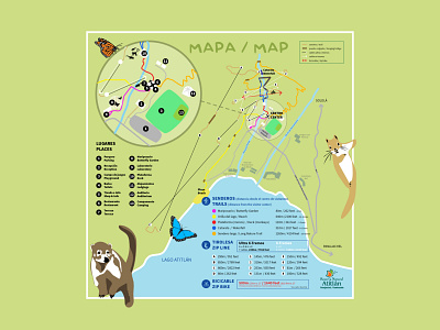 General map of the Atitlan Reserve butterflies coati design guatemala map mapa pizote places reserve trails ux vector zipline