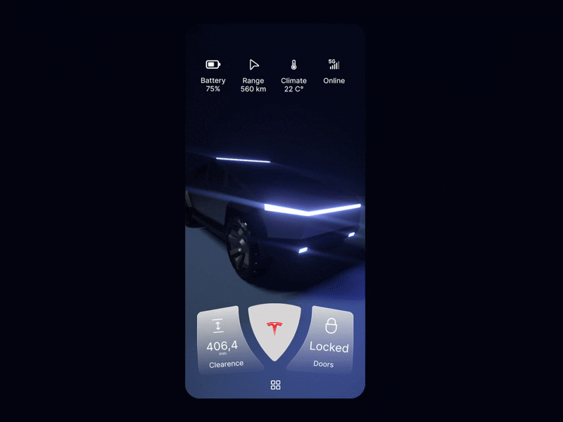 Tesla Cybertruck control app (ui concept) 3d animation app car car app car ui control app cybertruck mobile app motion graphics tesla ui uiux ux
