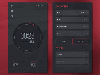 Stopwatch android app application dark interface mobile red running sport stopwatch ui ux