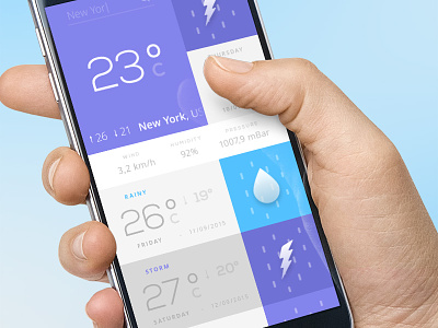 Weather App android app application blue celsius interface mobile rainy storm ui ux violet