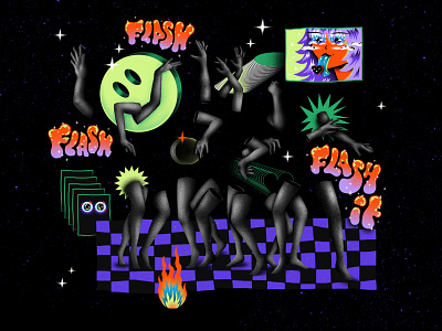 FLASH IT blackandwhite brushes colorful dancer fire flash hand illustration illustrator party patterns photoshop smiley face stars texture