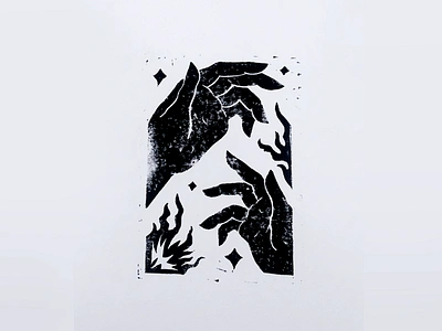 First linocut blackandwhite fire hand illustration linocut linoprint patterns stars texture