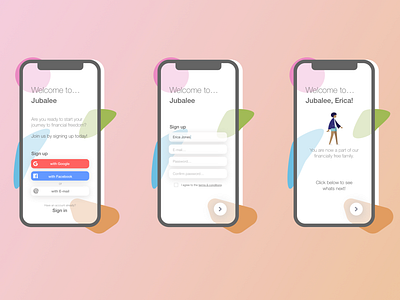 Daily UI 001 - Sign up: Jubalee app branding concept daily ui design flat flatdesign ios app iphone xs log in log in screen minimal mobile mockup modern pink screens ui ux welcome