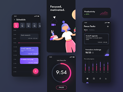 It’s time to focus! - concept app clean concept creative dark design flat focus interface ios mobile mobile design modern plan pomodoro productivity schedule time management timer ui ux