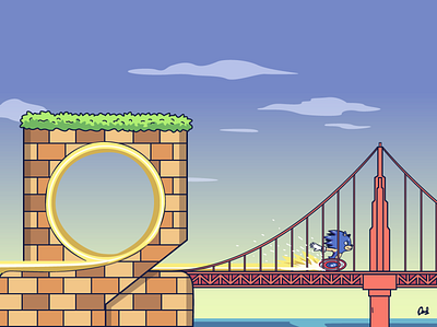 Sonic goes to San Francisco art drawing golden gate bridge illustration running san francisco sega sonic sonic the hedgehog