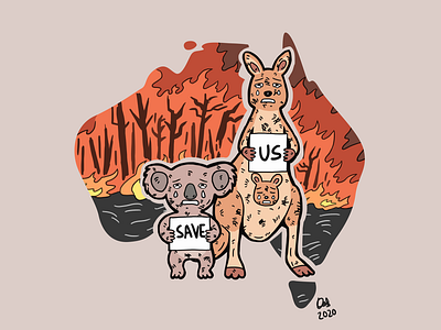 save australia from burning disaster art australia burning climate change disaster drawing fire illustration kangaroo koala
