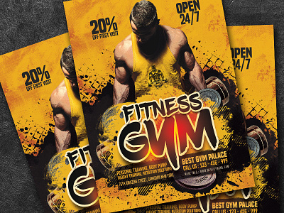 Fitness Gym Flyer Template abstract athletic body body builder bodybuilder builder corporate fitness fitness flyer fitness promo gym health leaflet poster promotion sport supplements trainer training workout