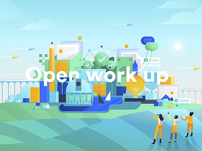 Open Work Up business city gradient illustration productivity skyline team work