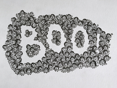 Boo! ariel view blackandwhite boo halloween illustration ink looking up surprise word formation