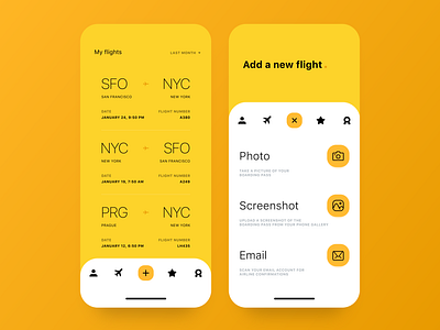 Flights App UI app boarding pass clean design filter flight icon menu modern navigation plane travel ui ux yellow