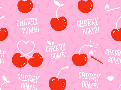 Cherry Bomb! Pattern Illustration cherries cute fabric fire fruit hearts match memphis pink pistacho seamless spoonflower