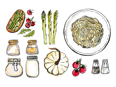 Sketch of food with line and watercolor. breakfast