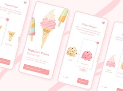 Daily UI #33 - Customize Product custom customizable customize customize product dailyui dailyui 033 flavor food ice cream ice cream shop ice cream topping illustration mobile app mobile ui pastel personalized pink shopping topping ui design