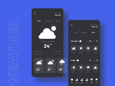 Daily UI #37 - Weather app clear design cloudy dailyui dailyui 037 dailyuichallenge darkmode darkui icons interaction mobile app mobile design mobile ui rainy sunny uidesign weather weather app weather icon