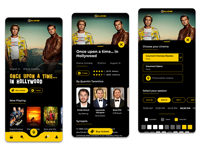 Cinema App - AlloCine Redesign app app design black cinema cinema app dailyui design challenge mobile mobile app mobile app design mobile ui movie movies redesign redesign concept uiux yellow