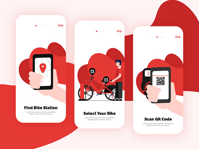 Bike Rental App On-boarding Screens animation app bike rental character design flat illustration illustrator minimal ui ux vector