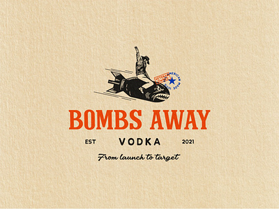 Bombs Away Vodka Logo Design aircraft american blue classic cowboy creative custom illustrator liquor logo concept logo design military red vector vintage vodka
