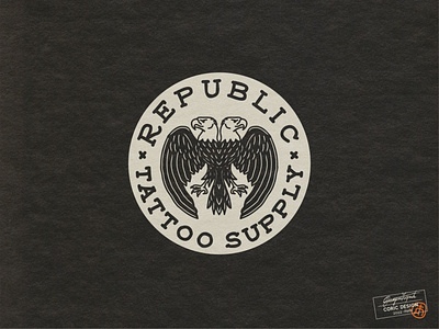 Logo Design for Republic Tattoo Supply american american eagle badge badges black and white branding double headed eagle emblem emblems font ink man rebrand redesign t shirt tattoo tattoos texas visual design