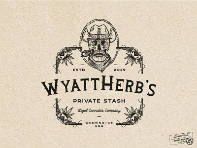 Logo Design for Wyatt's Herbs brand branding cannabis cbd cowboy dark art drawing graphic design illustrator label logo mascot ornament rustic skeleton skull vector vintage visual design western