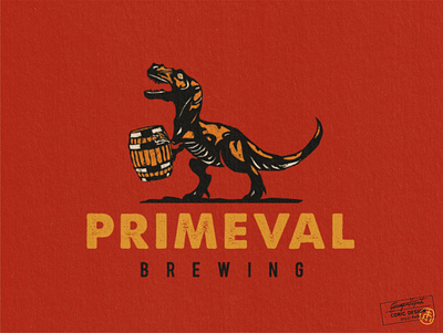 Logo Design for Primeval Brewing barrel beer branding brewery cartoon character creative designer illustrator logo mascot primeval red retro t rex texture vector vintage yellow