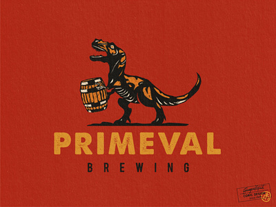 Logo Design for Primeval Brewing barrel beer branding brewery cartoon character creative designer illustrator logo mascot primeval red retro t rex texture vector vintage yellow