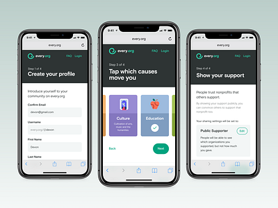 Every.org | Create Profile - Mobile app causes charity flow iphone mobile nonprofit profile share signup ui ux