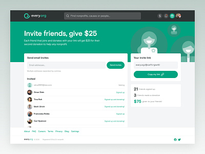 Every.org | Invite Friends app bonus cause charity desktop donate invite join nonprofit ui ux web