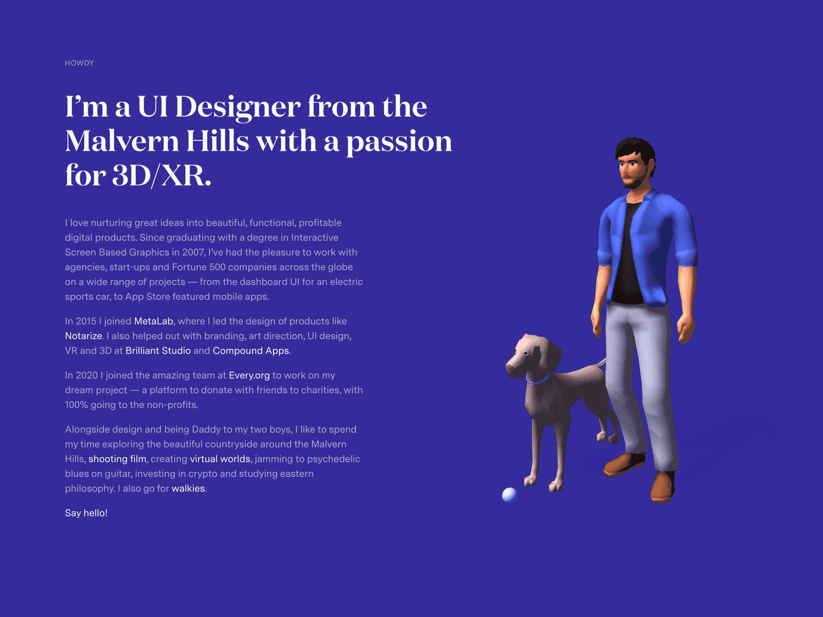 Interactive 3D Character 3d about aframe animation click desktop dog interactive mobile model portfolio web webxr xr
