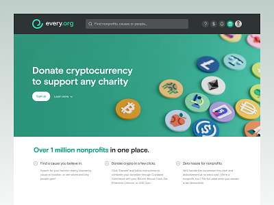 Every.org | Cryptocurrency bitcoin bitcoincash charity crypto cryptocurrency dai desktop donate ethereum litecoin nonprofit ui usdc web