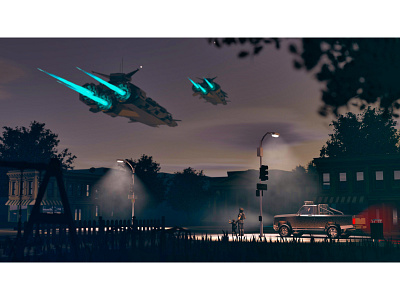 Sci-fi Suburbs 3d c4d cinema 4d environment fantasy game low poly night scene sci fi spaceship town