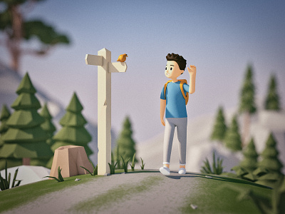 Mountain Walk 3d bird c4d character cinema 4d hike illustration low poly lowpoly model nature path render rig signpost walk