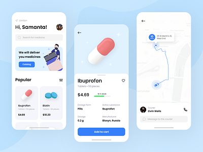 Medicine Delivery App Design Concept app delivery design goods illustration map marketplace medecine mobile online pharmacy pills shop track ui ux