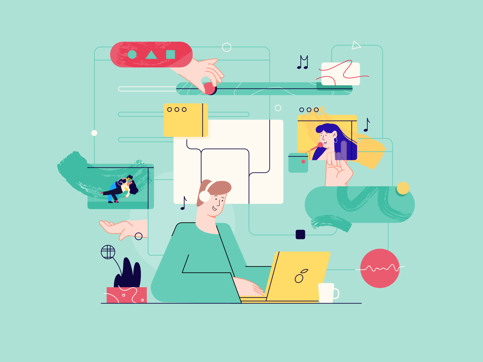 Free time in web 2d character design films flat free time friends illustration music ui vector webdesign