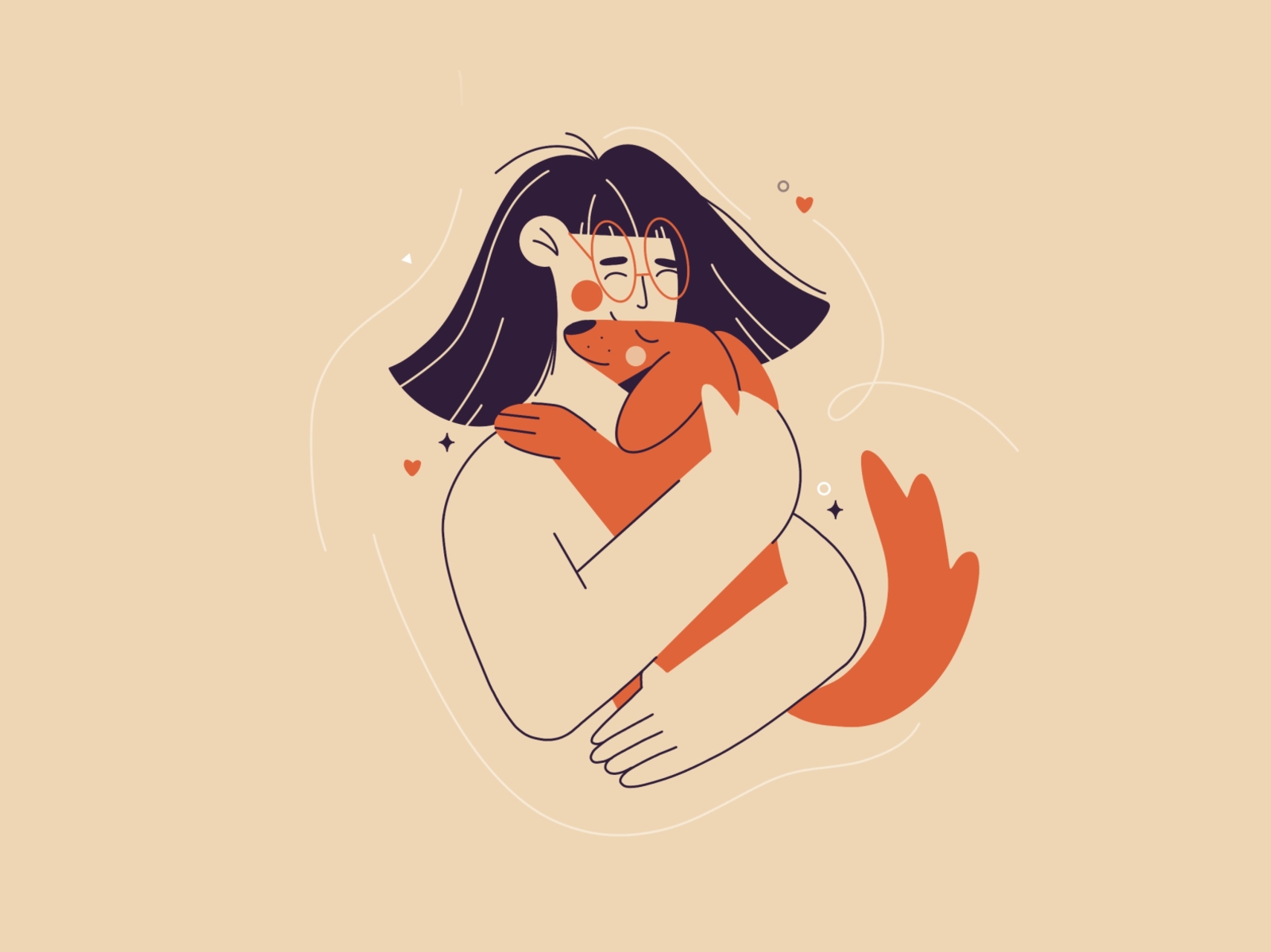 Doggie hug 2d adopt best friend character design dog doggie doggie hug family flat fox friendship hug illustration linear orange